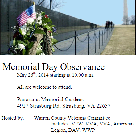 Memorial Day Observance on May 26th at 10:00 am at Panorama Memorial Gardens